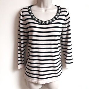 August Silk vintage pearl striped 3/4 sleeve scoop neck pullover sweater small